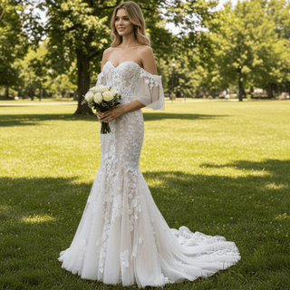 Sweetheart Tulle Lace Champagne Mermaid Wedding Dress - Rosymae