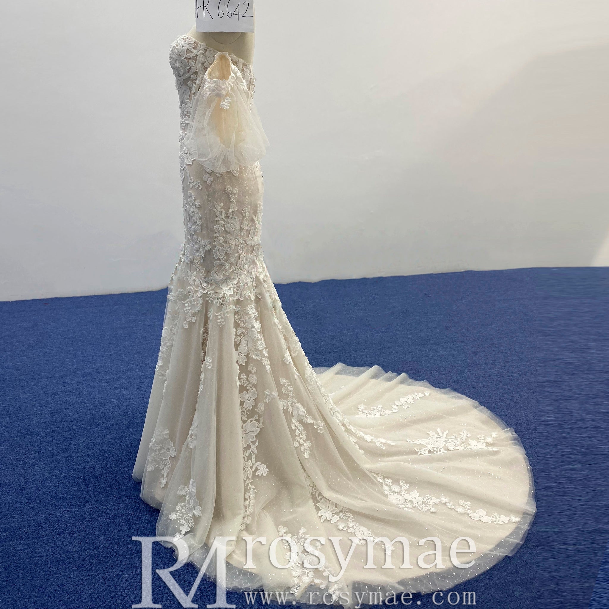 Sweetheart Tulle Lace Champagne Mermaid Wedding Dress - Rosymae