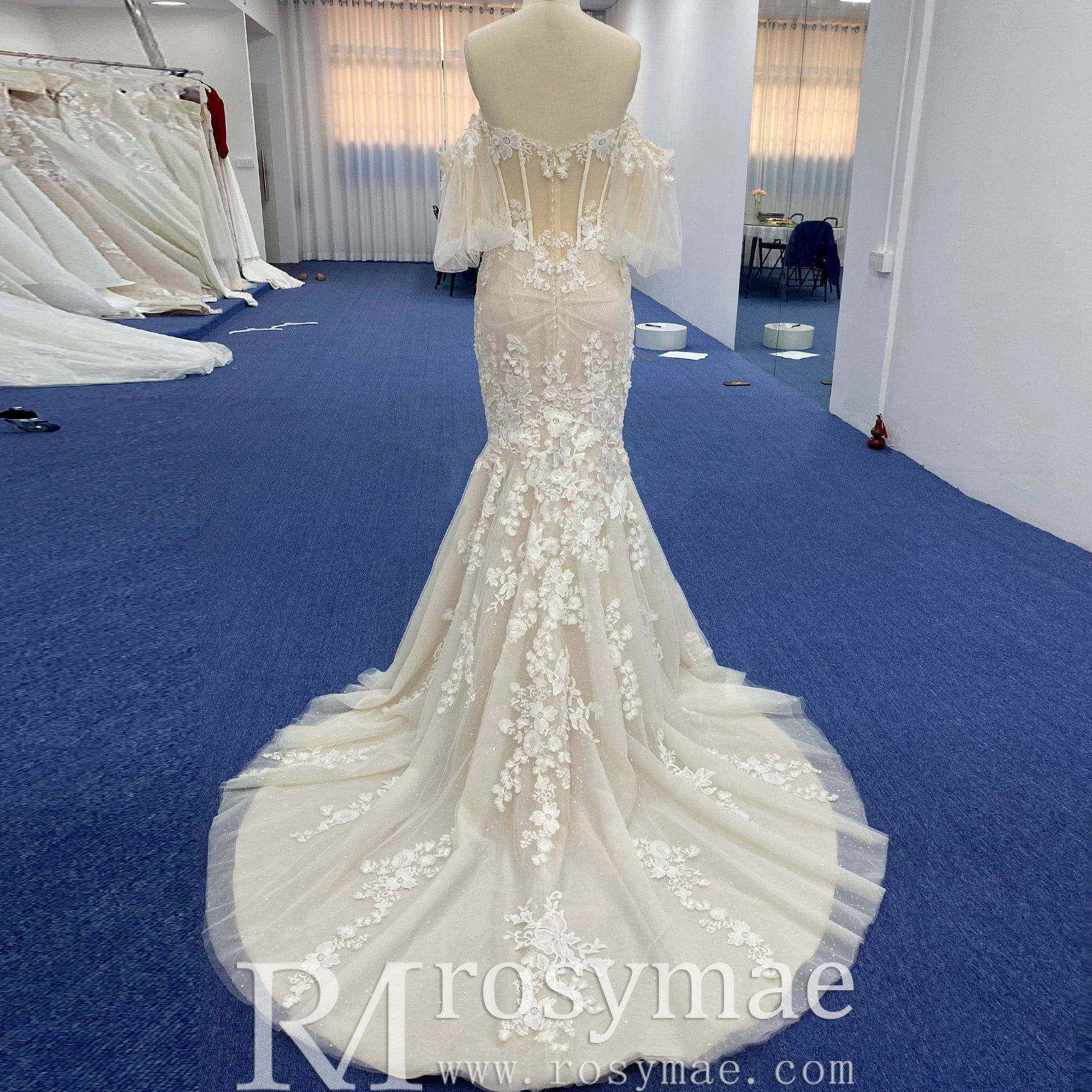 Sweetheart Tulle Lace Champagne Mermaid Wedding Dress - Rosymae