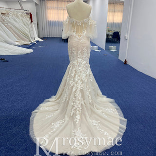 Sweetheart Tulle Lace Champagne Mermaid Wedding Dress - Rosymae