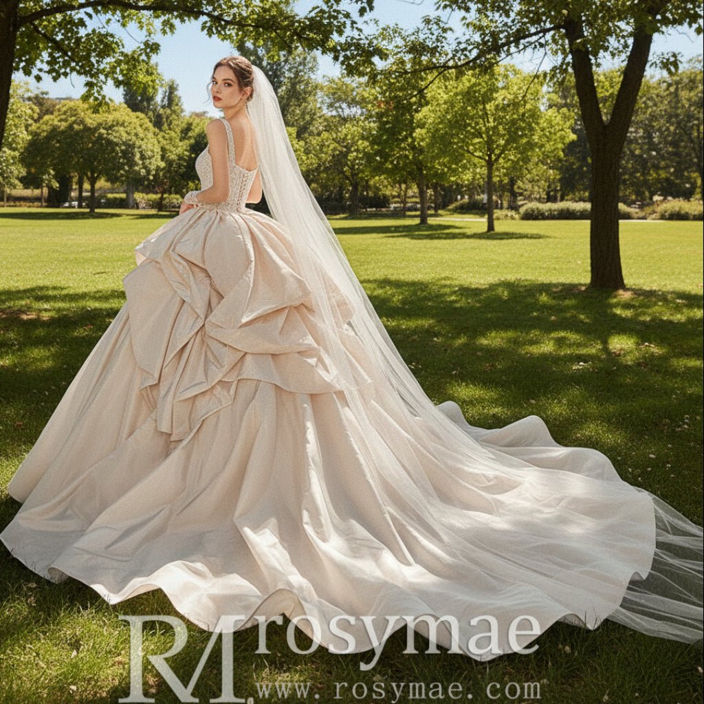 Taffeta Ruffle Skirt Ball Gown Wedding Dress with Square Neckline - Rosymae