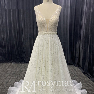 Glamorous Peals Beaded A-Line V-Neck Wedding Dress