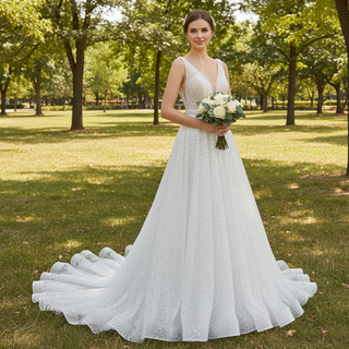 Elegant Glamorous Peals Beaded A-Line V-Neck Wedding Dress