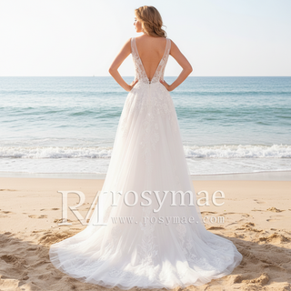 Sheer Bodice Deep Double V Tank Top Bridal Gown Wedding Dress