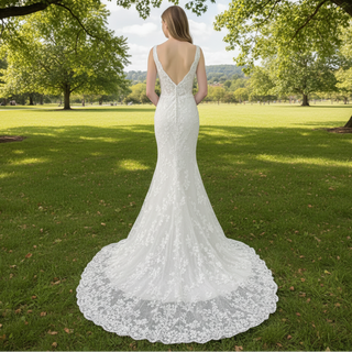 Elegant Mermaid Flower Lace V-Neck Wedding Dress with Empire Waist