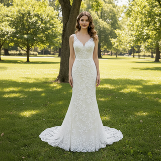Elegant Mermaid Flower Lace V-Neck Wedding Dress with Empire Waist