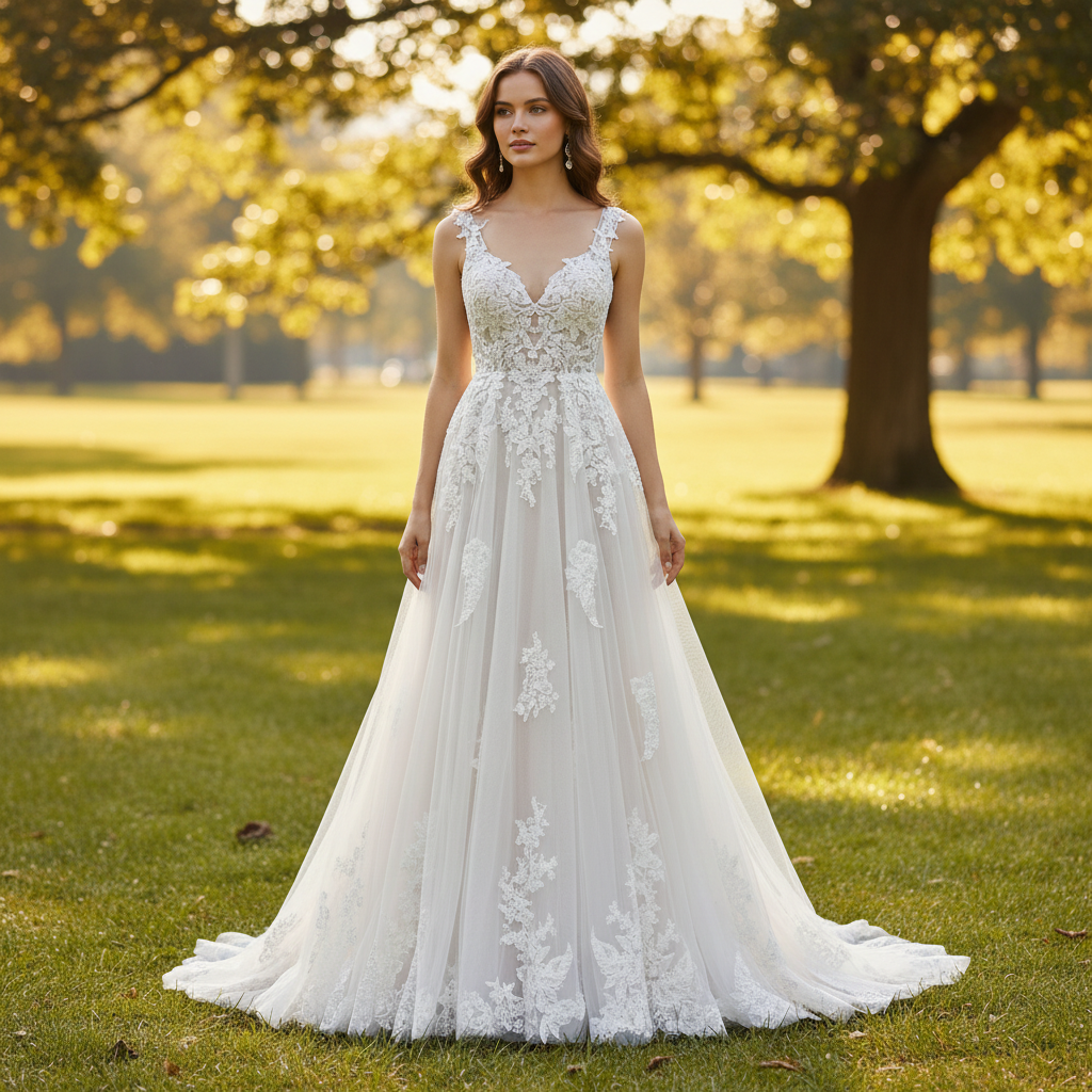 Elegant Modern V-Neck Lace Wedding Dress A-line with Tank Top Ivory / 20W Elegant Modern V-Neck Lace Wedding Dress A-line with Tank Top Ivory / 20W
