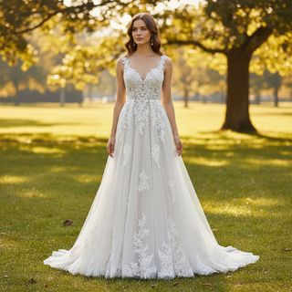 Elegant Modern V-Neck Lace Wedding Dress A-line with Tank Top