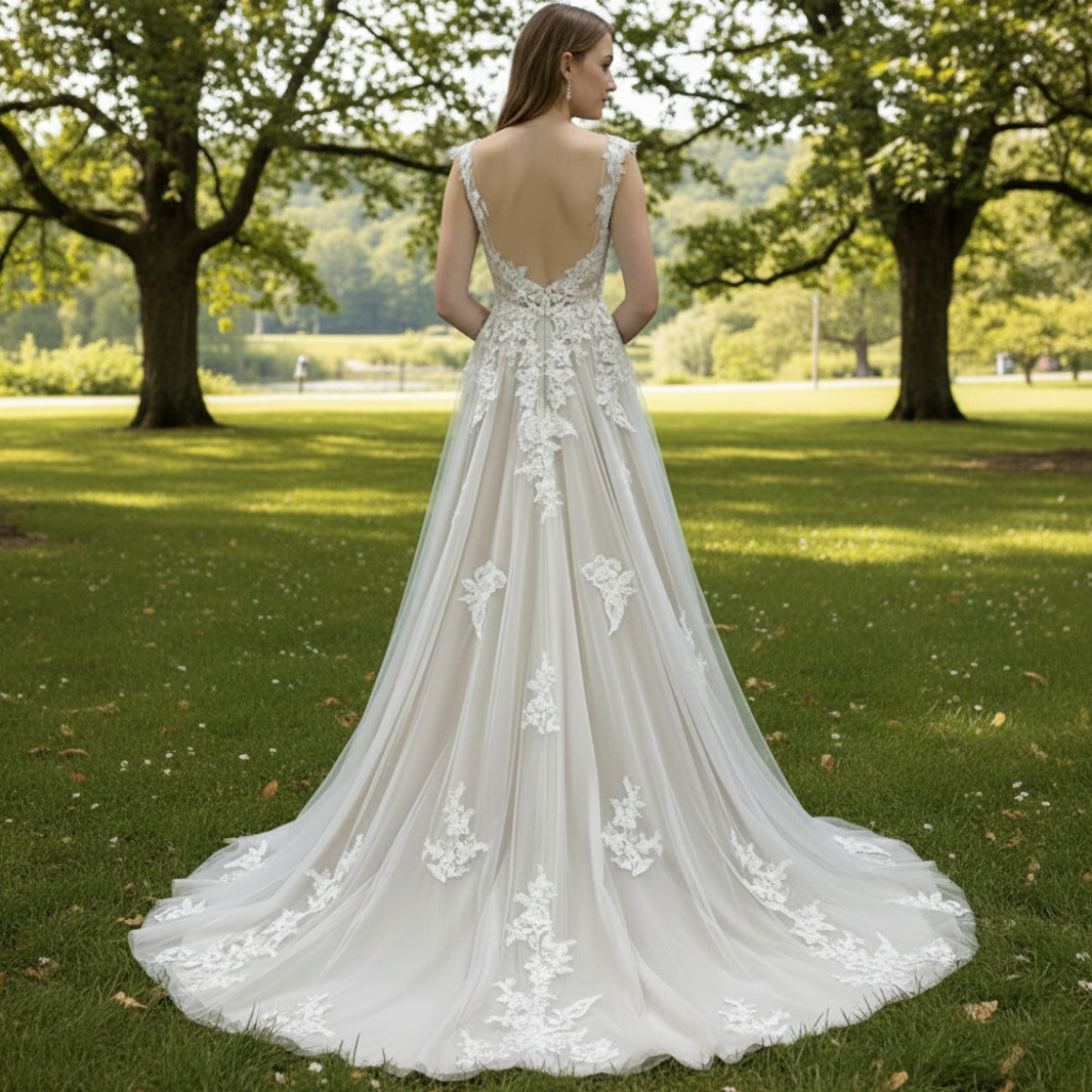Elegant Modern V-Neck Lace Wedding Dress A-line with Tank Top Ivory / 20W Elegant Modern V-Neck Lace Wedding Dress A-line with Tank Top Ivory / 20W