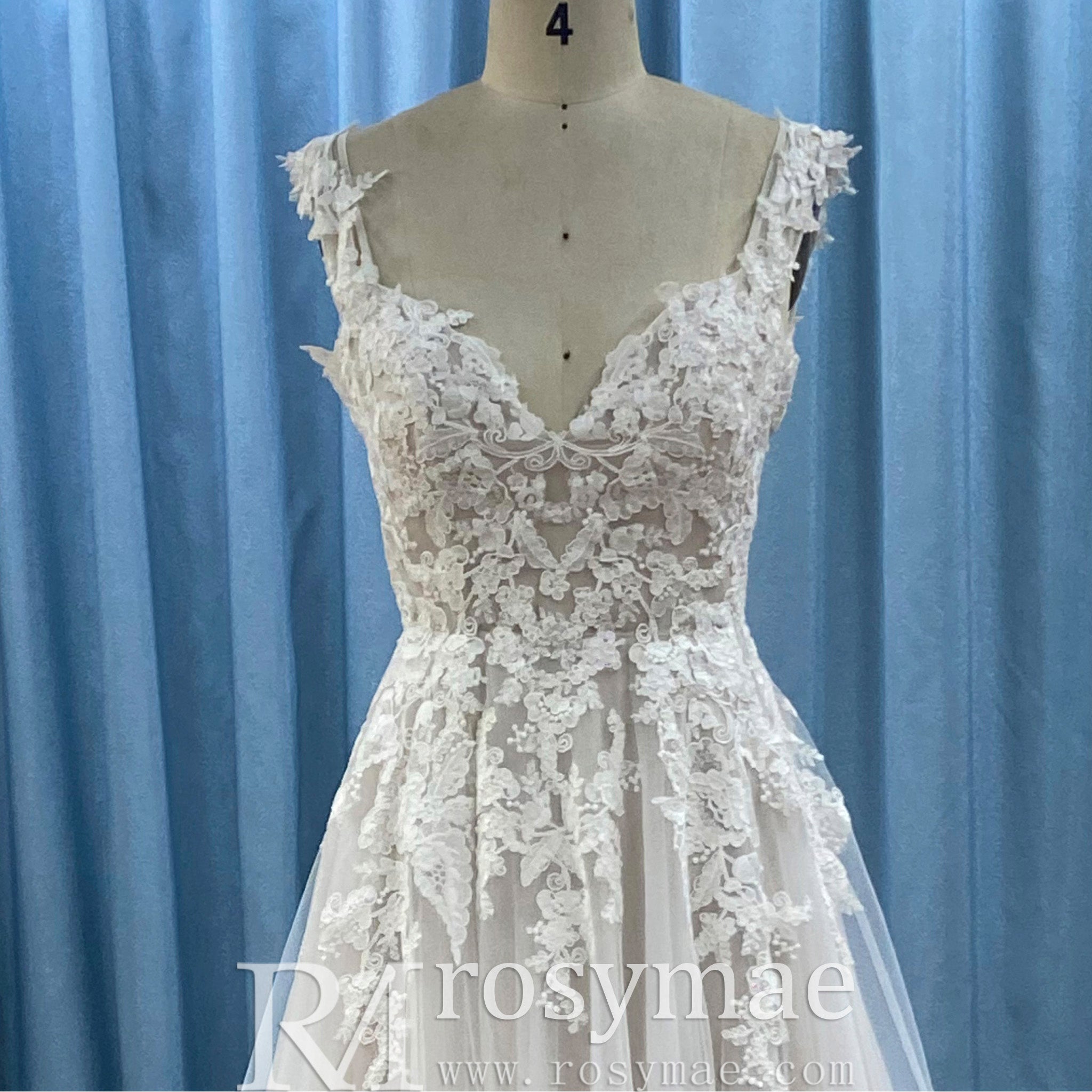 Elegant Modern V-Neck Lace Wedding Dress A-line with Tank Top Ivory / 20W Elegant Modern V-Neck Lace Wedding Dress A-line with Tank Top Ivory / 20W