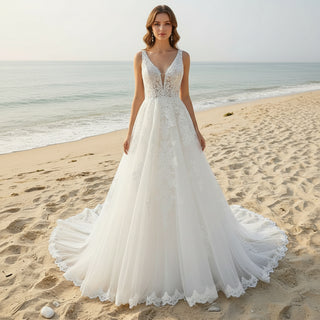 Classic Tank Sleeve A-line Lace Appliqued Wedding Dress with Vneck