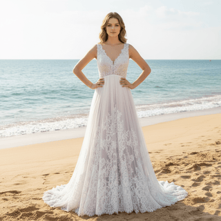 Tank Strap V Neck A Line Plus Size Wedding Dresses for Short Brides - Rosymae