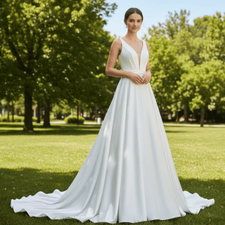 Tank Top Simple Satin A-line Wedding Dress with Vneck White / Custom Size
