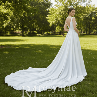 Tank Top Simple Satin A-line Wedding Dress with Vneck - Rosymae