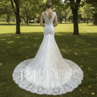 Tank Top Sleeve Tumpet Bridal Gown Lace Wedding Dress - Rosymae