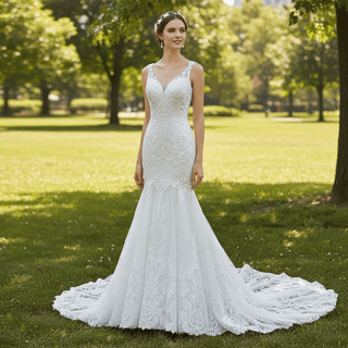 Tank Top Sleeve Tumpet Bridal Gown Lace Wedding Dress - Rosymae