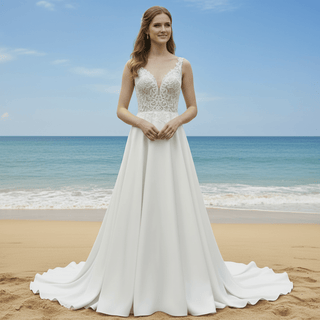 Tank Top Vneck Satin Lace A-line Wedding Dress with Sheer Bodice - Rosymae