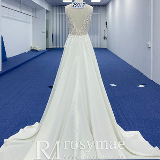Tank Top Vneck Satin Lace A-line Wedding Dress with Sheer Bodice - Rosymae