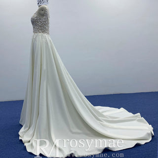 Tank Top Vneck Satin Lace A-line Wedding Dress with Sheer Bodice - Rosymae