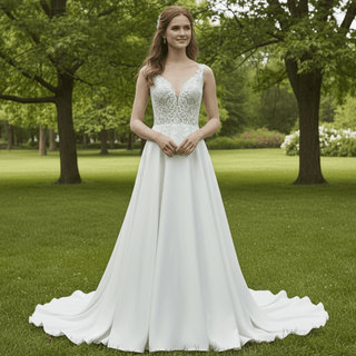 Tank Top Vneck Satin Lace A-line Wedding Dress with Sheer Bodice - Rosymae