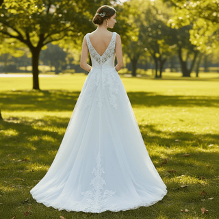 Tank Top Vneck Tulle Lace Wedding Dress with Open Back - Rosymae
