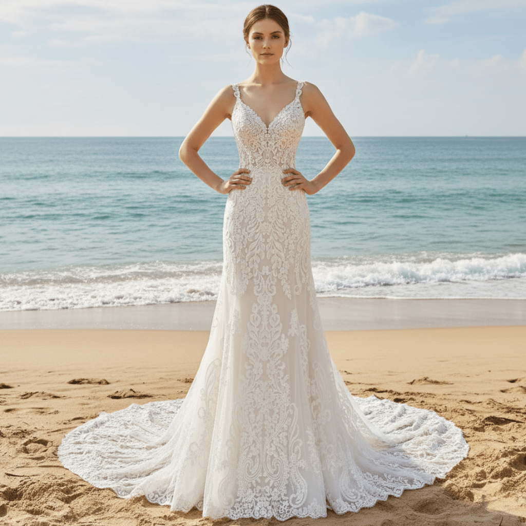 Tank V Neck Fitted Fit Flare Lace Wedding Dress with Open Back White / 30W