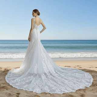 Tank V Neck Fitted Fit Flare Lace Wedding Dress with Open Back - Rosymae