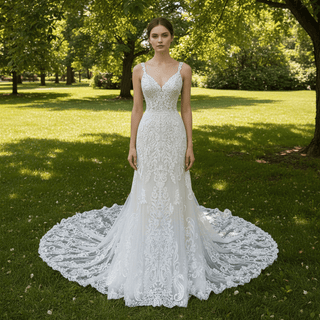Tank V Neck Fitted Fit Flare Lace Wedding Dress with Open Back - Rosymae