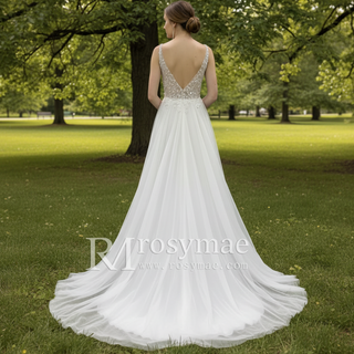 Deep Plunge A-line Wedding Dress Beaded Crystals with Tank Sleeve
