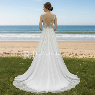 Deep Plunge A-line Wedding Dress Beaded Crystals with Tank Sleeve