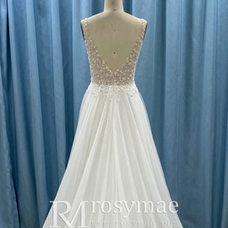 Sexy Deep Plunge A-line Wedding Dress Beaded Crystals with Tank Sleeve