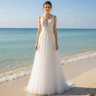 Deep Vneck Tulle Lace Sheath Wedding Dress with Tank Top