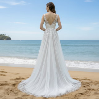 Deep Vneck Tulle Lace Sheath Wedding Dress with Tank Top