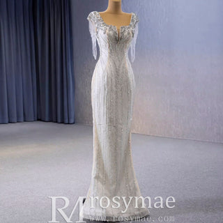Tassel Sequins Beaded Trumpet Wedding Dress with Detachable Train - Rosymae