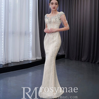Tassel Sequins Beaded Trumpet Wedding Dress with Detachable Train - Rosymae