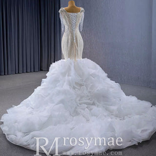Tassel Sequins Beaded Trumpet Wedding Dress with Detachable Train - Rosymae