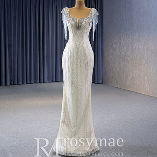 Tassel Sequins Beaded Trumpet Wedding Dress with Detachable Train - Rosymae