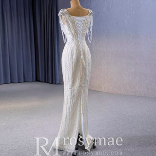 Tassel Sequins Beaded Trumpet Wedding Dress with Detachable Train - Rosymae