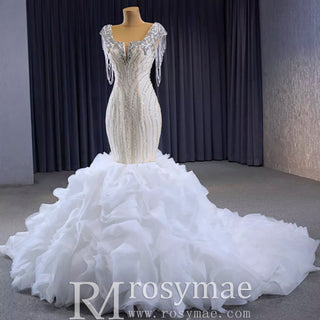 Tassel Sequins Beaded Trumpet Wedding Dress with Detachable Train - Rosymae