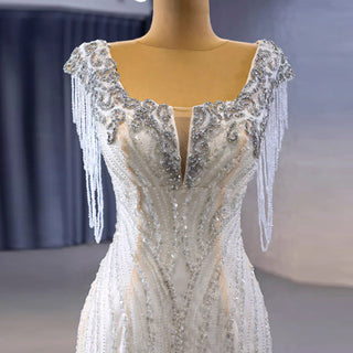 Tassel Sequins Beaded Trumpet Wedding Dress with Detachable Train - Rosymae