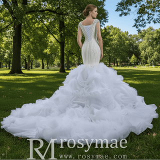 Tassel Sequins Beaded Trumpet Wedding Dress with Detachable Train - Rosymae