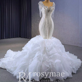 Tassel Sequins Beaded Trumpet Wedding Dress with Detachable Train - Rosymae