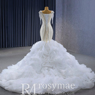 Tassel Sequins Beaded Trumpet Wedding Dress with Detachable Train - Rosymae