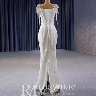 Tassel Sequins Beaded Trumpet Wedding Dress with Detachable Train - Rosymae