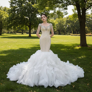 Tassel Sequins Beaded Trumpet Wedding Dress with Detachable Train - Rosymae