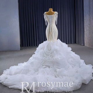 Tassel Sequins Beaded Trumpet Wedding Dress with Detachable Train - Rosymae