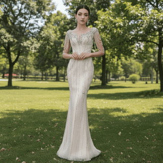 Tassel Sequins Beaded Trumpet Wedding Dress with Detachable Train - Rosymae