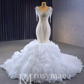 Tassel Sequins Beaded Trumpet Wedding Dress with Detachable Train - Rosymae