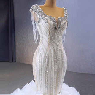 Tassel Sequins Beaded Trumpet Wedding Dress with Detachable Train - Rosymae