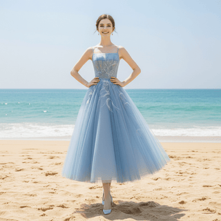 Tea Length A-line Cocktail Dress Party Gown with Spaghetti Strap - Rosymae